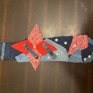Denim Patchwork Belt with Red Accents Tie